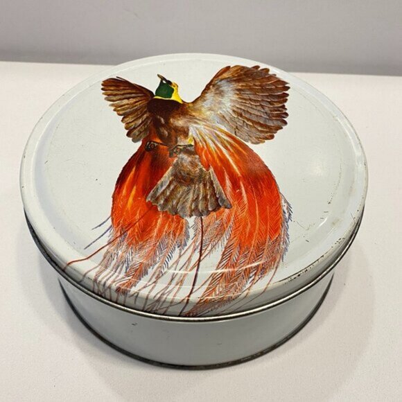 Vintage Birds of Paradise Empty Cookie Cake Tin White Round Farmhouse Decor - Picture 2 of 6